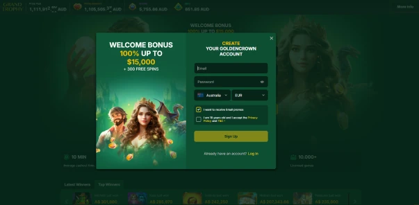 Golden Crown online casino interface with bonus and game selection